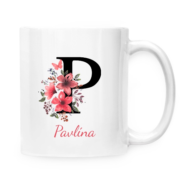 Hrnček malý biely s potlačou Květinové písmeno P s upravitelným jménem